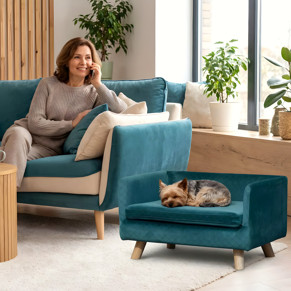 Fauteuil cocon bleu canard pour petit chien