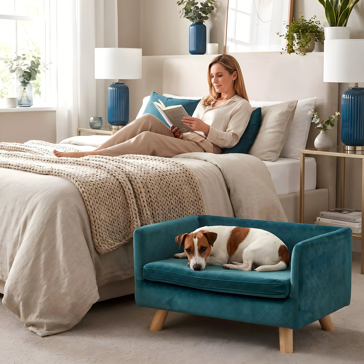 Fauteuil cocon bleu canard pour petit chien