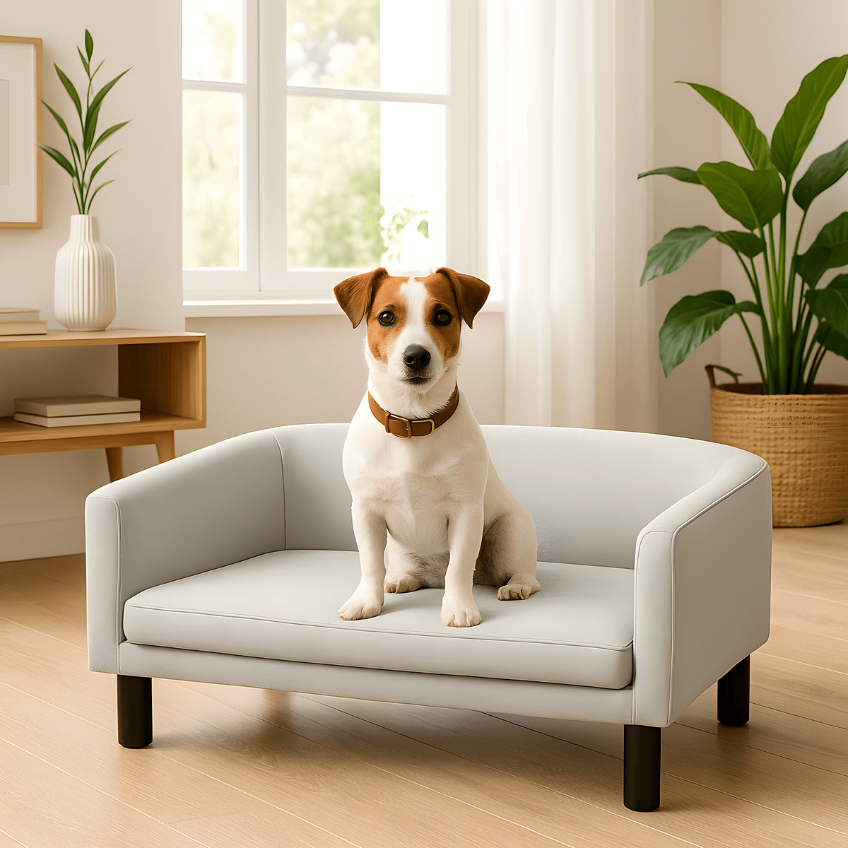 Fauteuil contemporain en velours gris clair pour chien