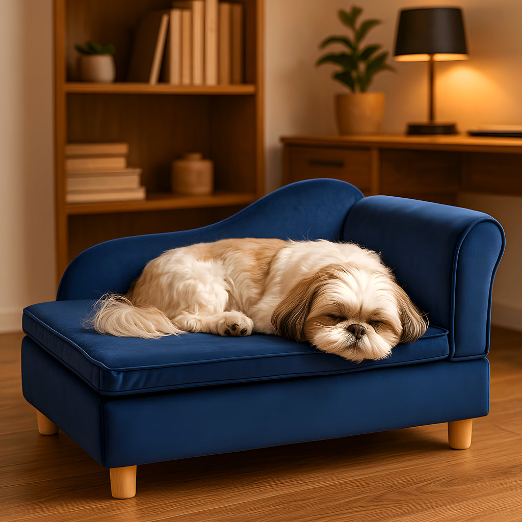 Fauteuil enveloppant bleu roi en velours pour petit chien