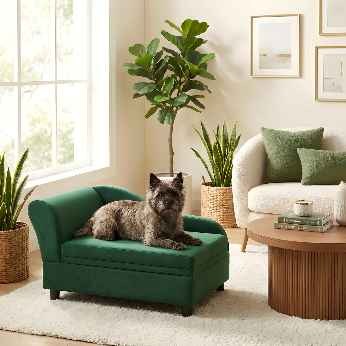 Fauteuil enveloppant vert olive en velours pour petit chien