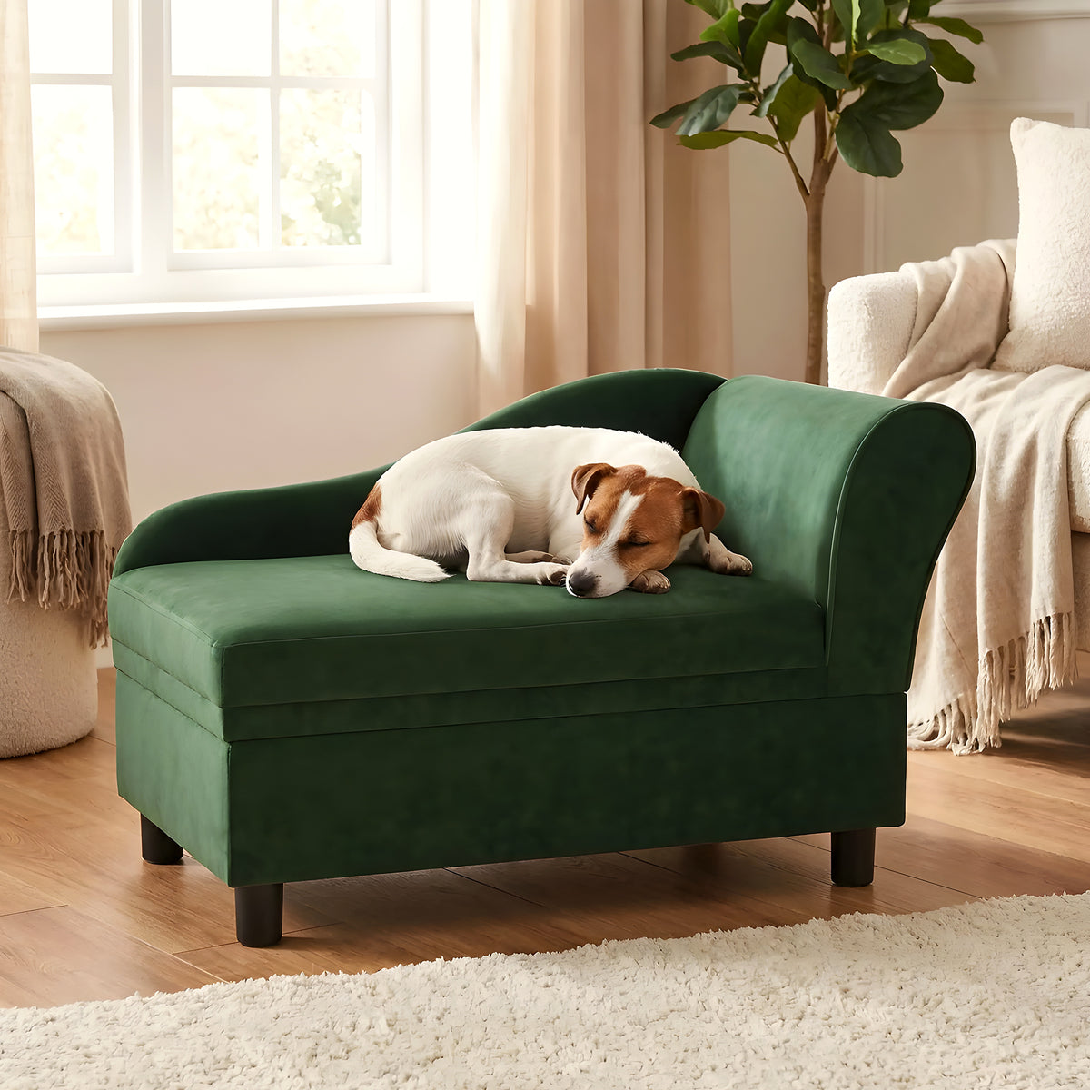 Fauteuil enveloppant vert olive en velours pour petit chien