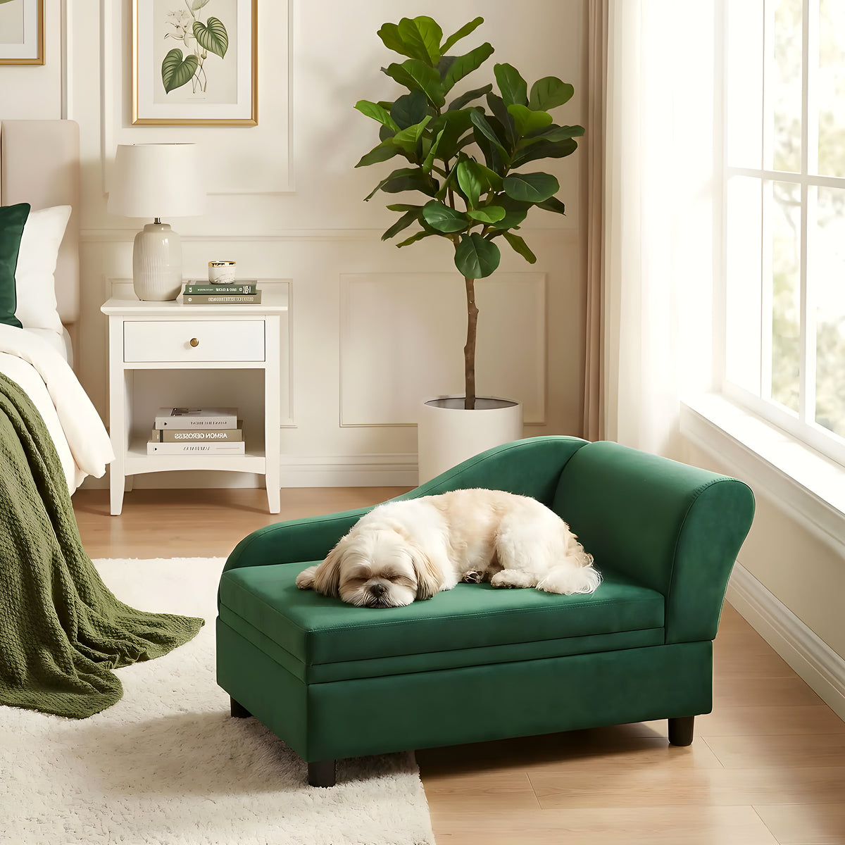 Fauteuil enveloppant vert olive en velours pour petit chien