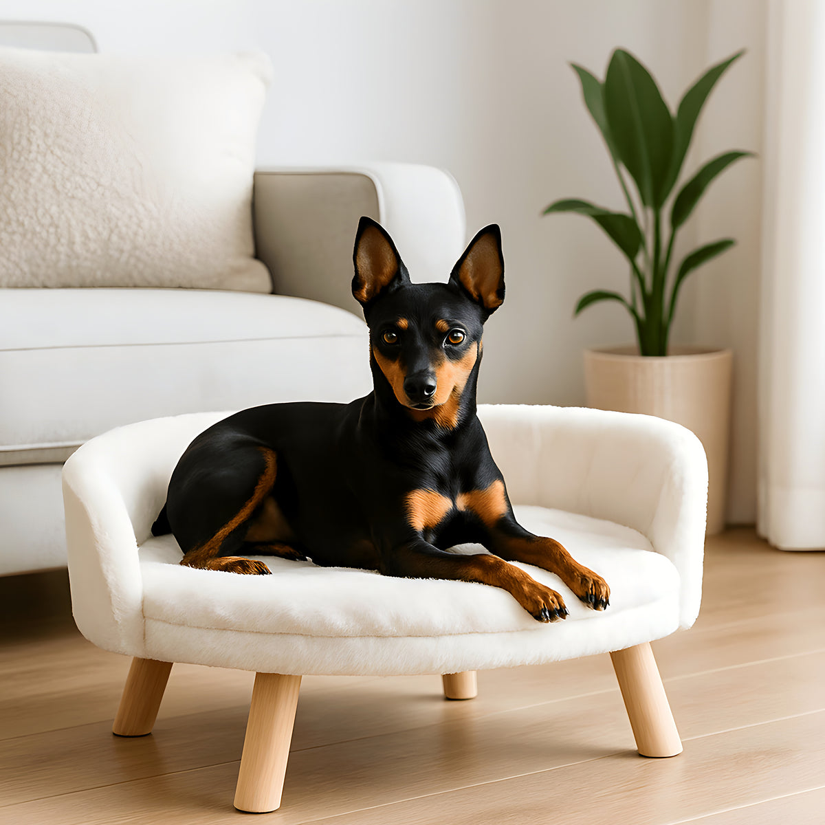 Fauteuil rond ouvert crème en peluche pour chien