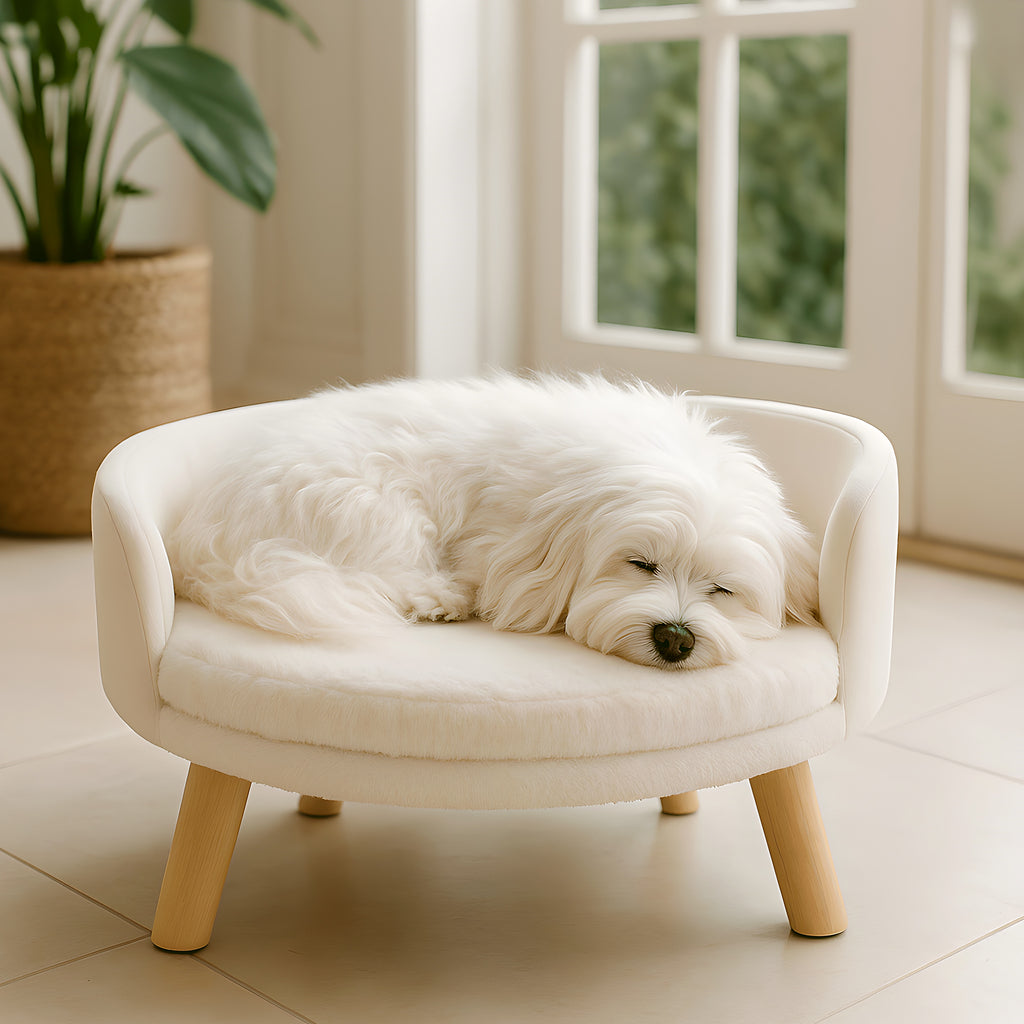 Fauteuil rond ouvert crème en peluche pour chien
