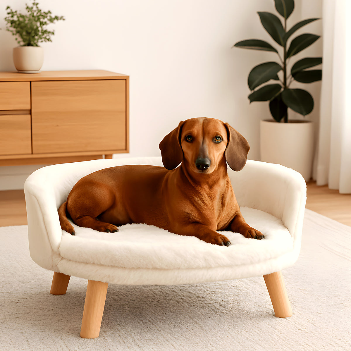 Fauteuil rond ouvert crème en peluche pour chien