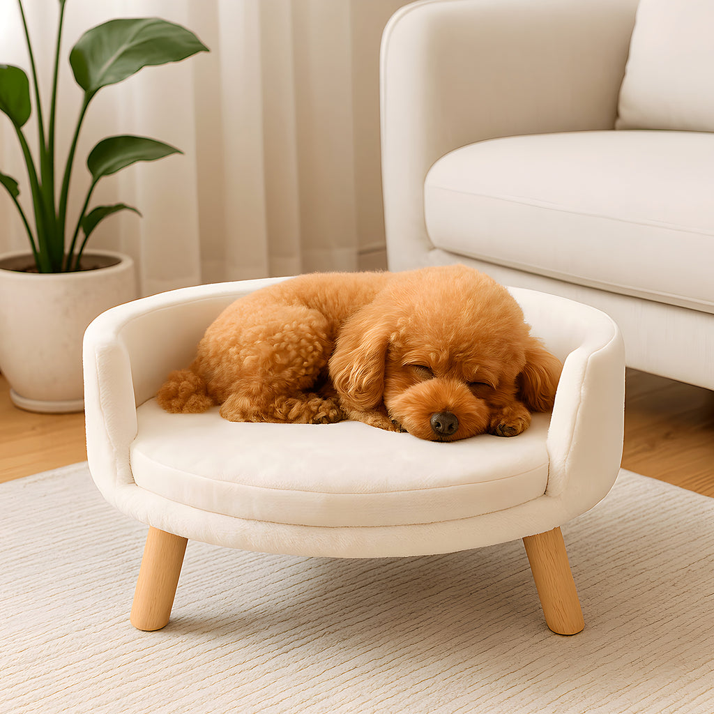 Fauteuil rond ouvert crème en peluche pour chien
