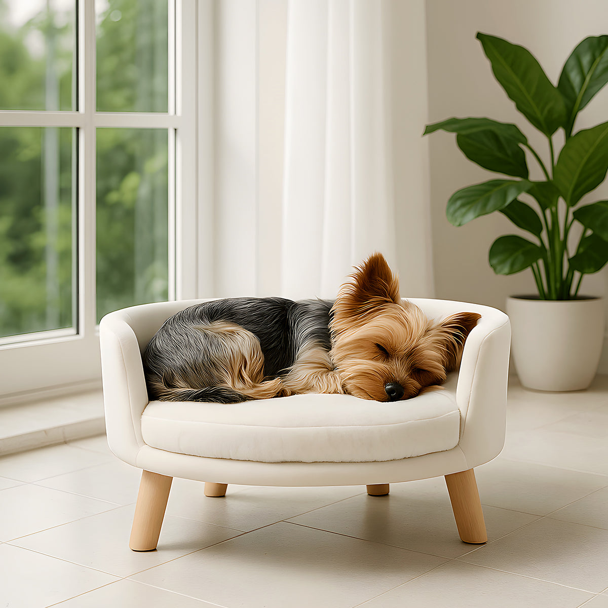 Fauteuil rond ouvert crème en peluche pour chien