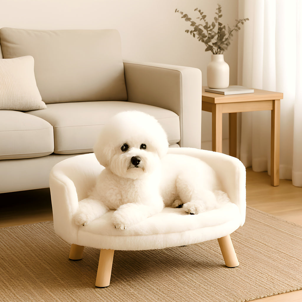 Fauteuil rond ouvert crème en peluche pour chien