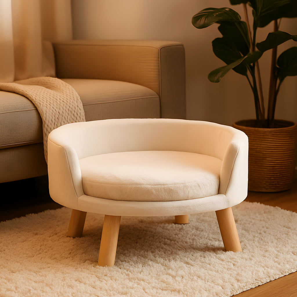 Fauteuil rond ouvert crème en peluche pour chien