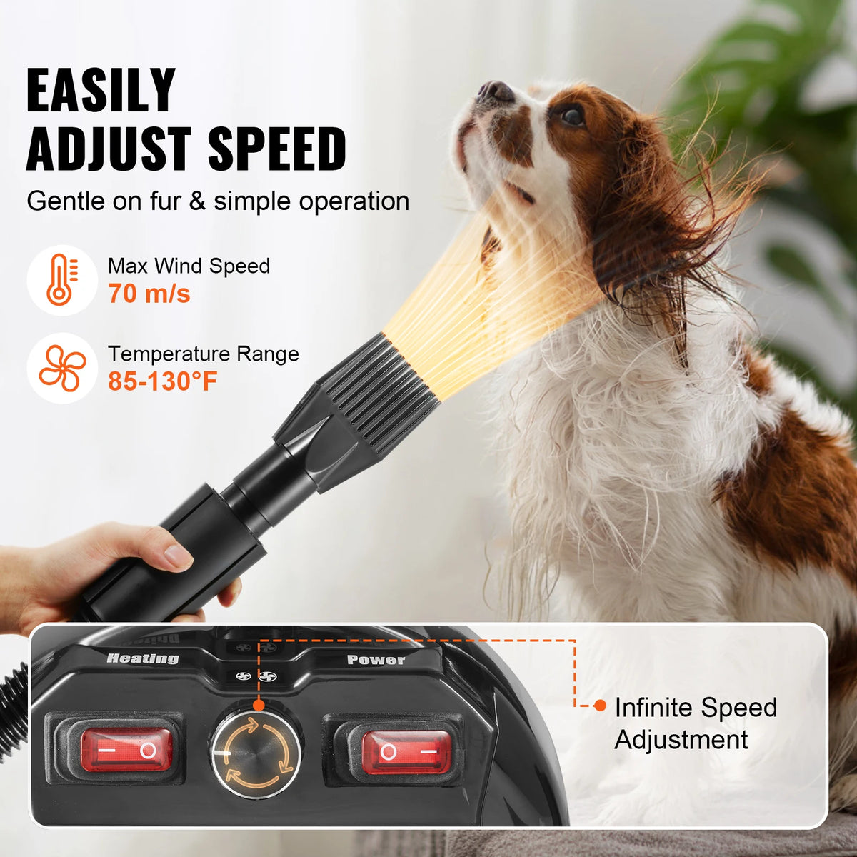 2000W/2.7HP Sèche-Cheveux Pour Chien Contrôle De La Température À Vitesse Réglable Avec 4 Buses Et Tuyau Extensible Pour Le Toilettage Des Poils D'Animaux