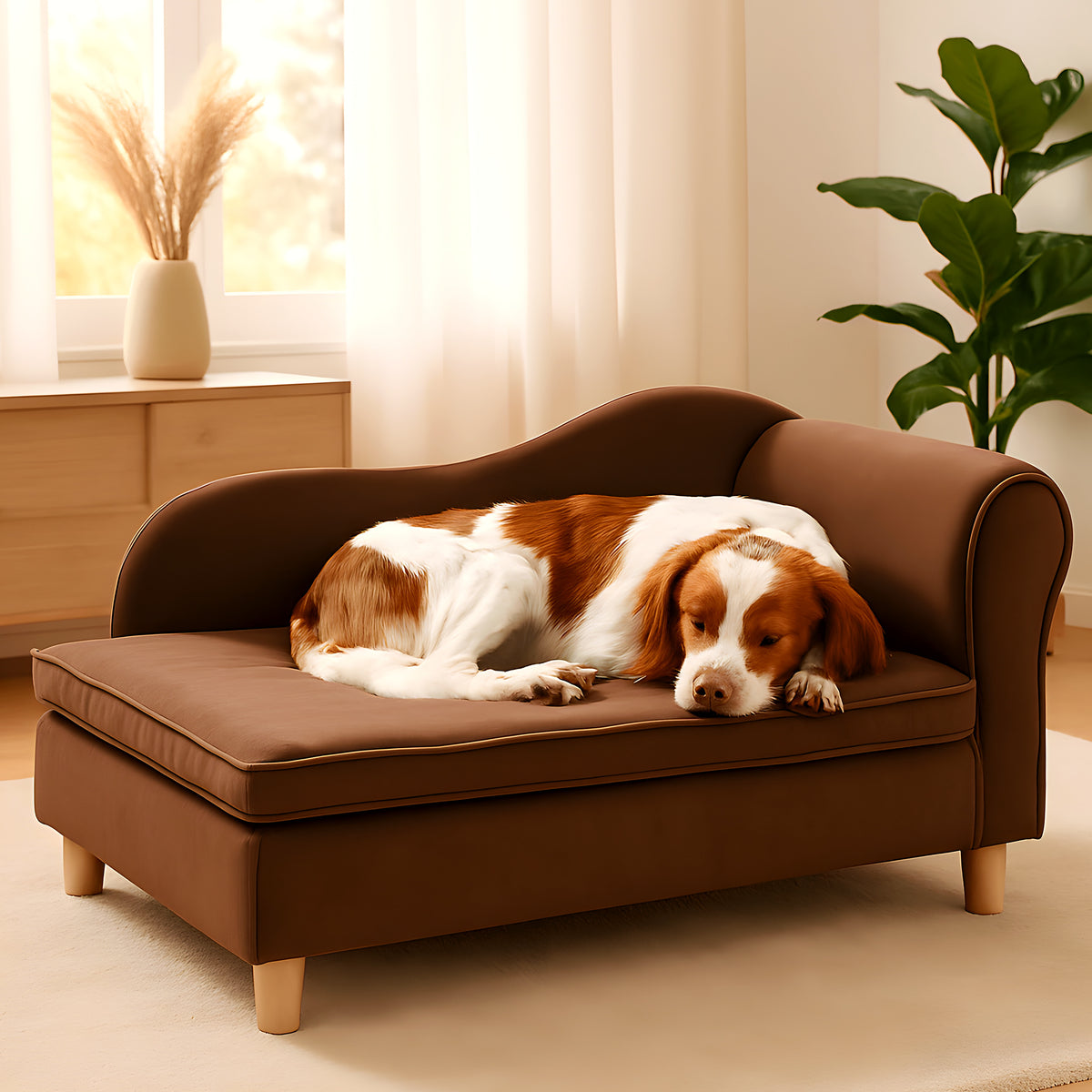 Grand fauteuil en velours chocolat pour chien moyen