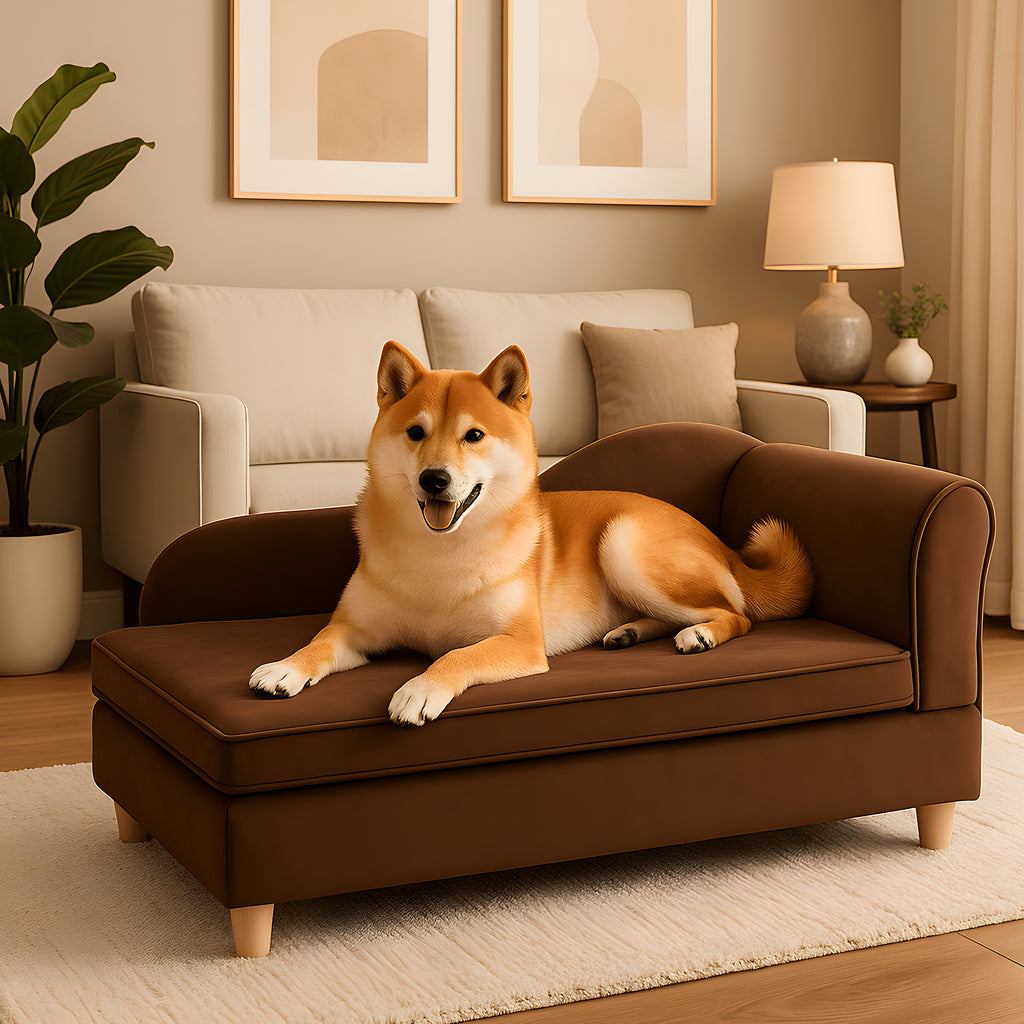 Grand fauteuil en velours chocolat pour chien moyen