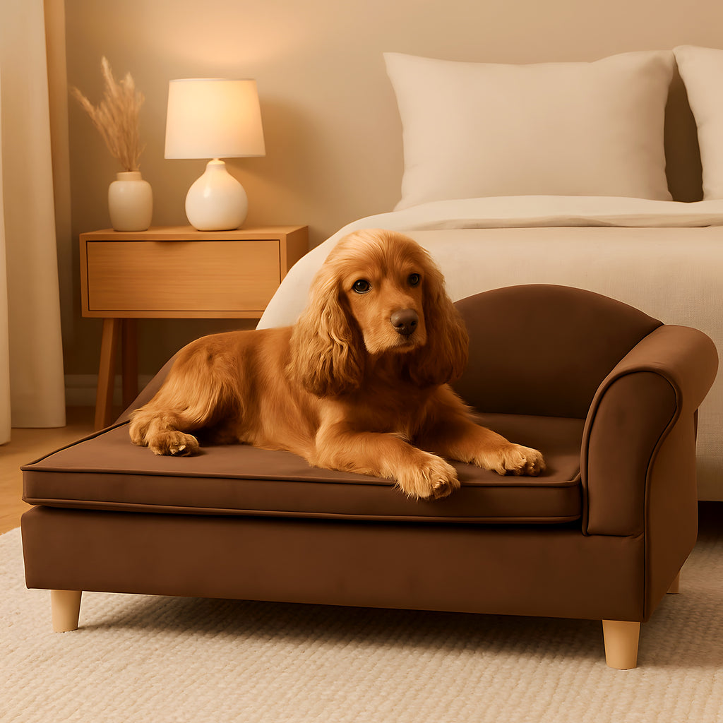 Grand fauteuil en velours chocolat pour chien moyen