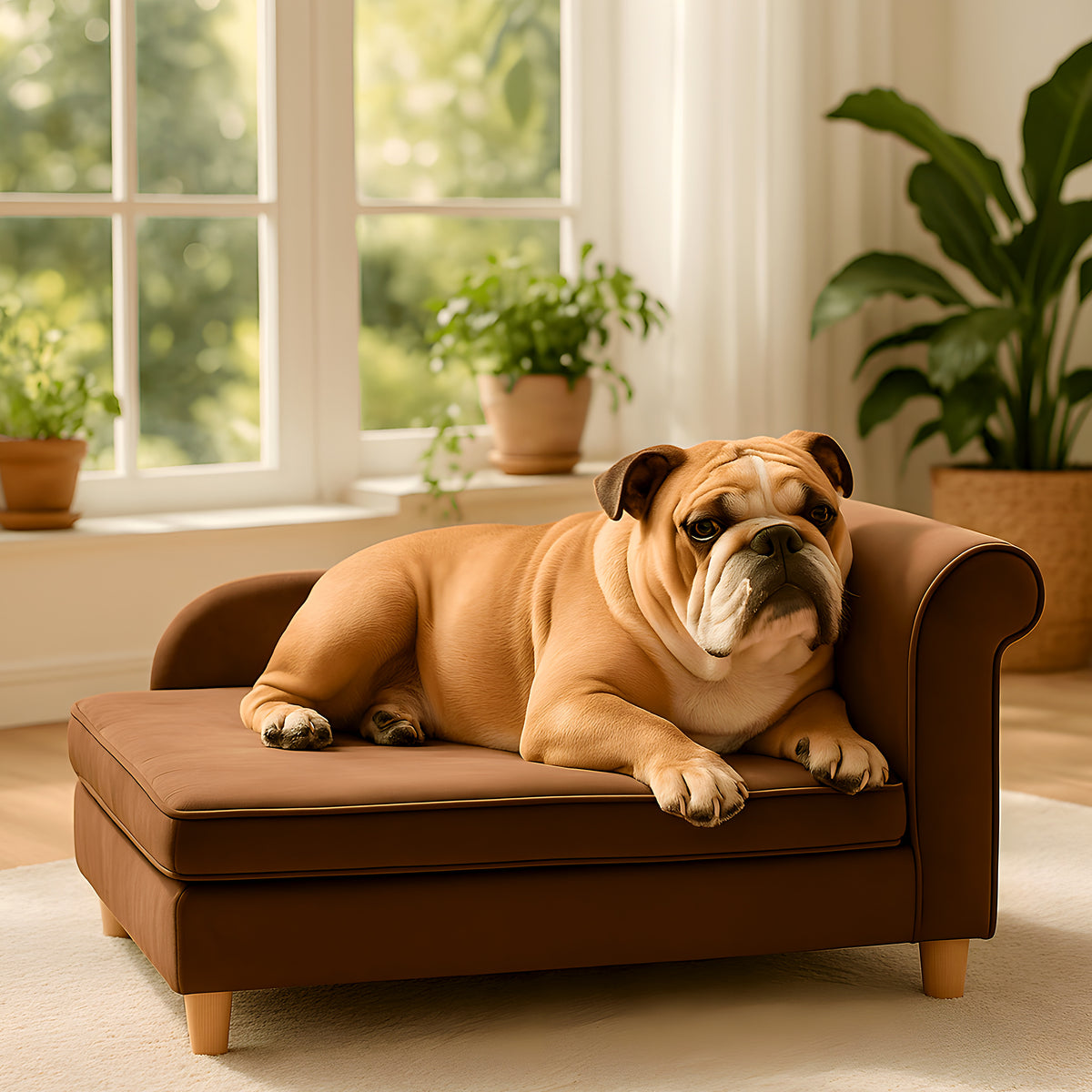 Grand fauteuil en velours chocolat pour chien moyen