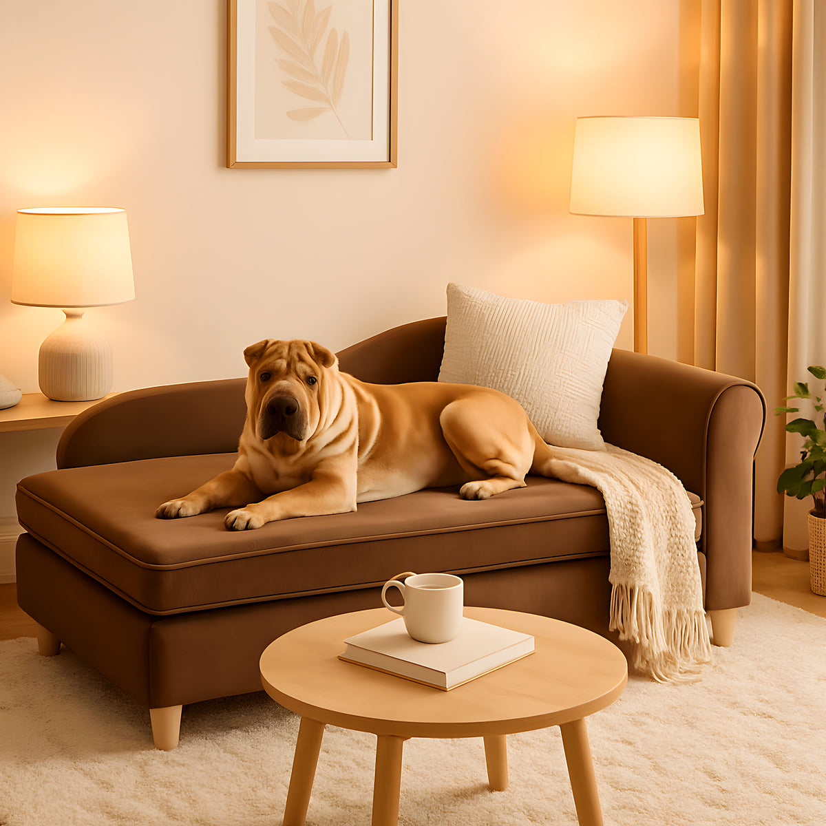 Grand fauteuil en velours chocolat pour chien moyen
