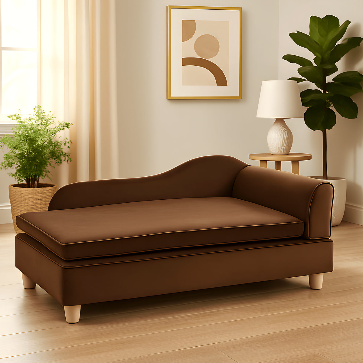Grand fauteuil en velours chocolat pour chien moyen