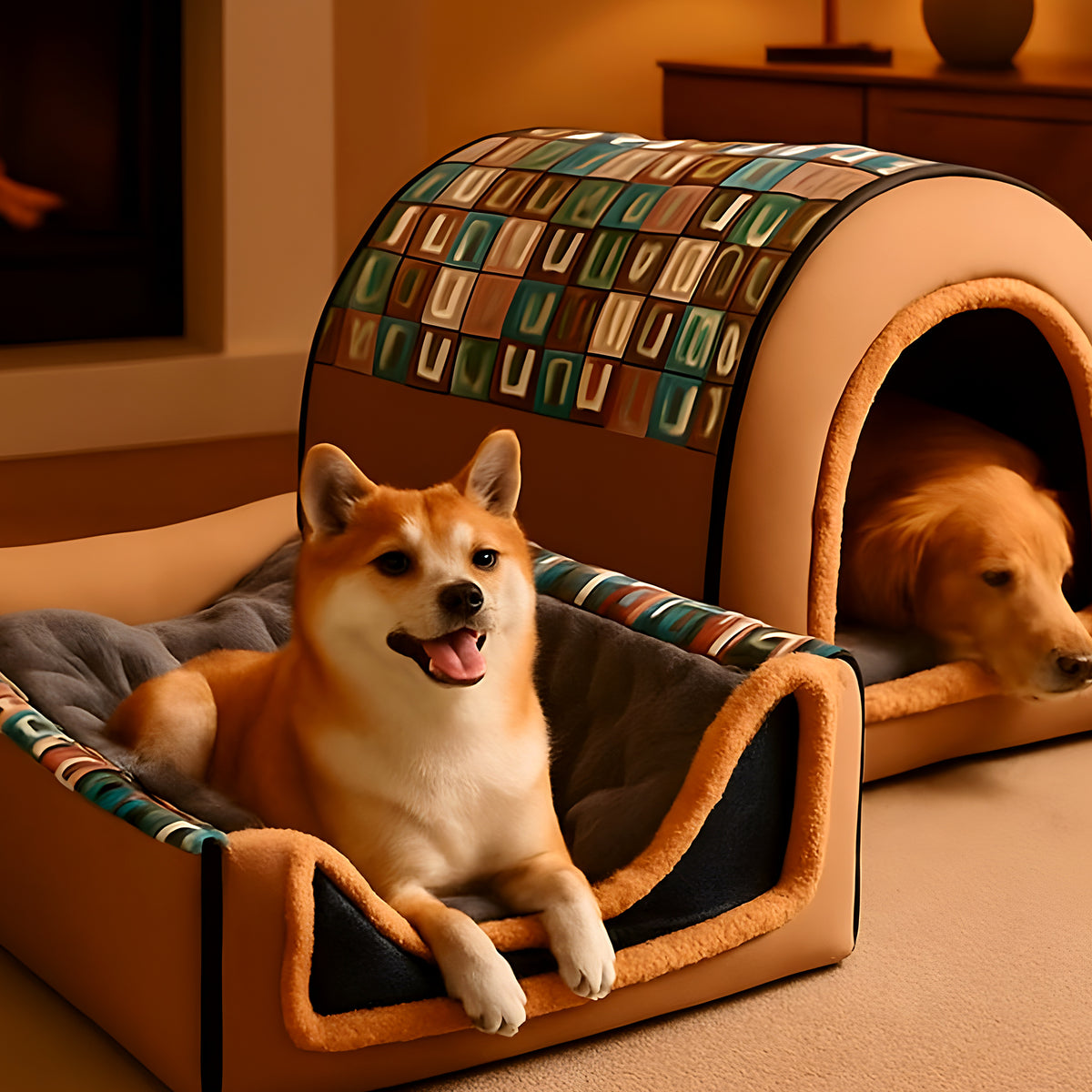 Grande niche XXL 2-en-1 écossaise ou marron pour chien