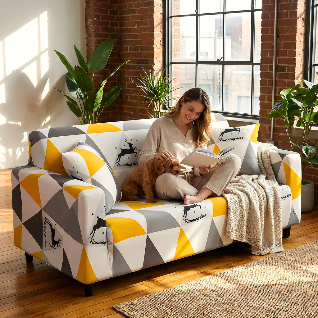 Housse de canapé élastique graphique jaune ou orange