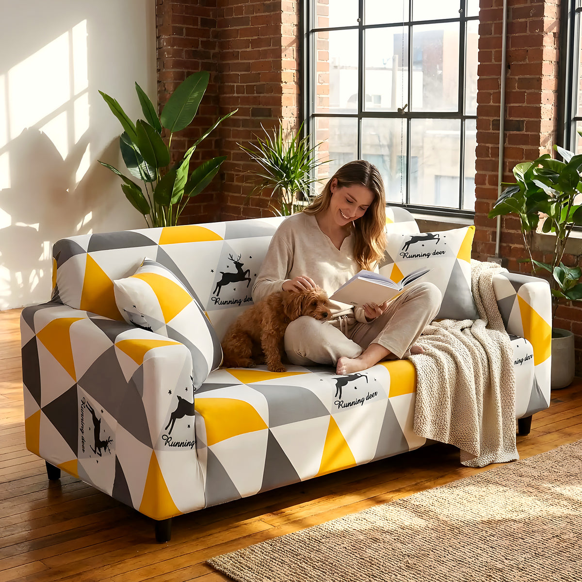 Housse de canapé élastique graphique jaune ou orange