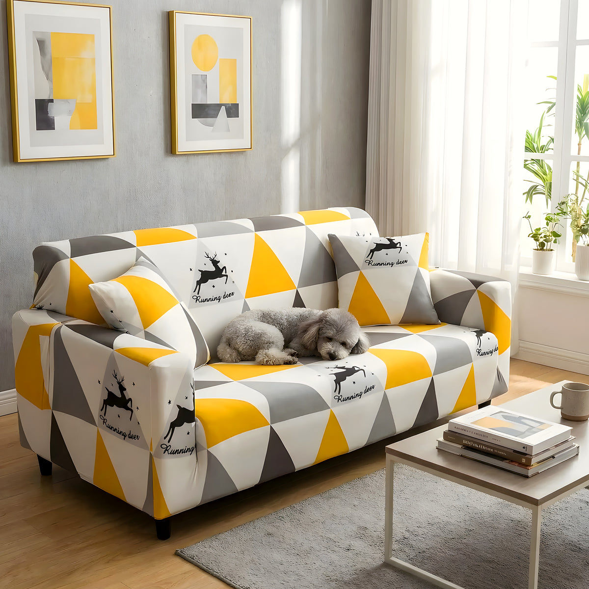 Housse de canapé élastique graphique jaune ou orange
