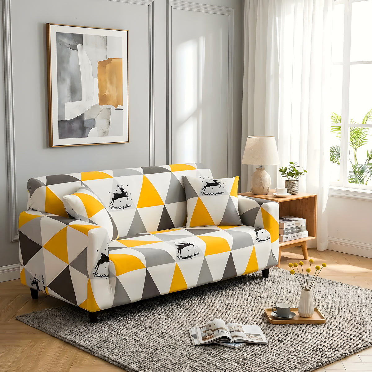 Housse de canapé élastique graphique jaune ou orange