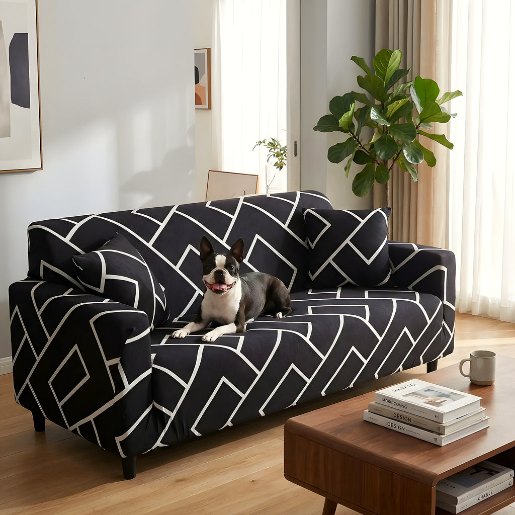 Housse de canapé élastique noir et blanc ou bleu jean