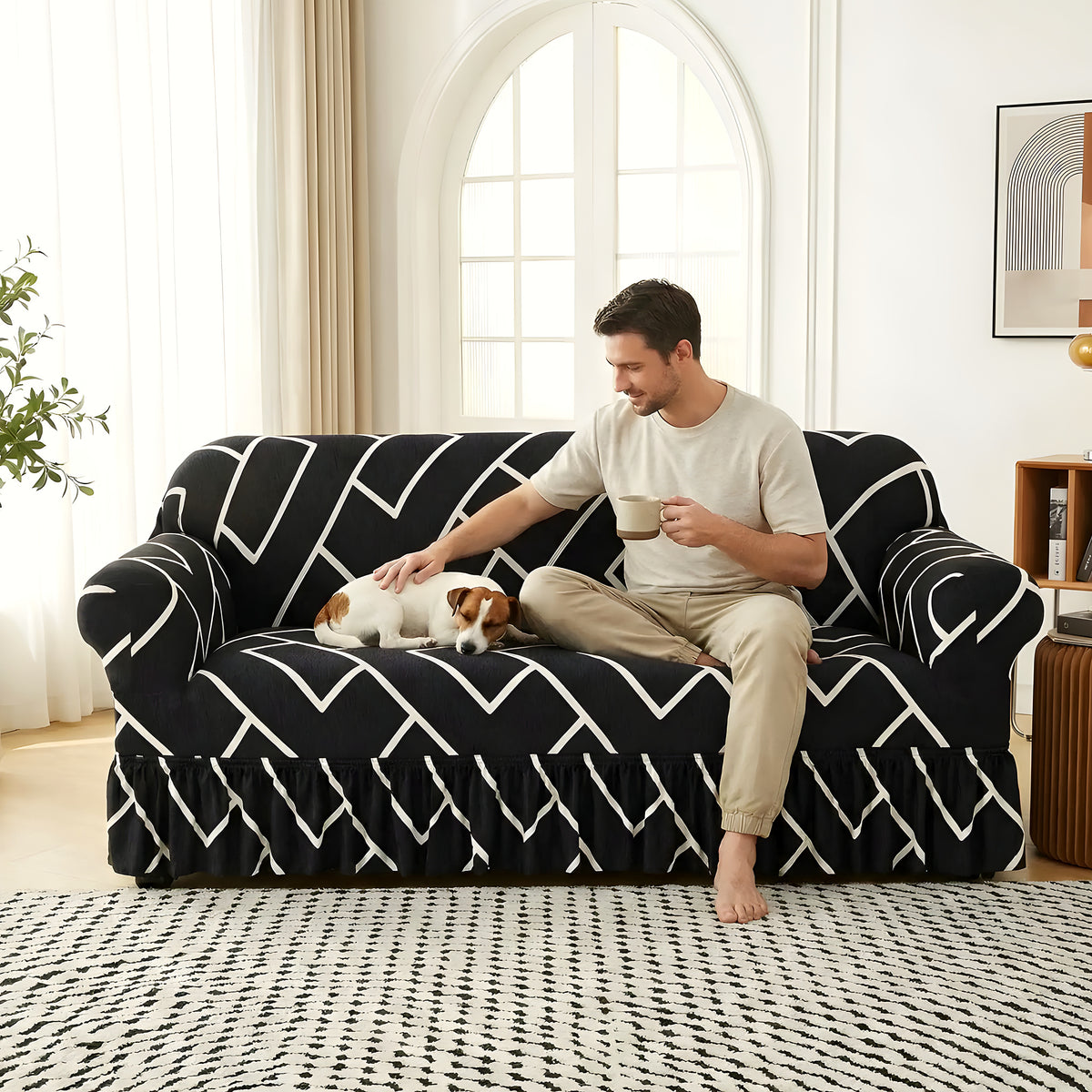Housse de canapé élastique universelle, motifs noirs