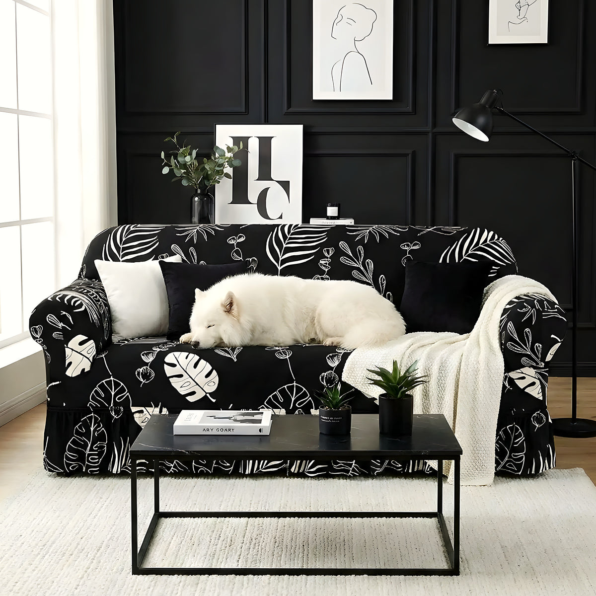 Housse de canapé élastique universelle, motifs noirs