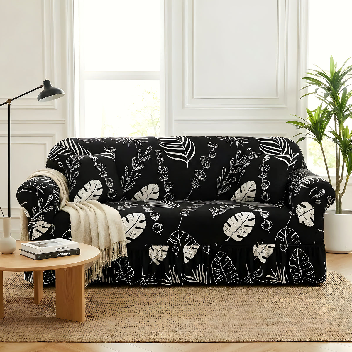 Housse de canapé élastique universelle, motifs noirs