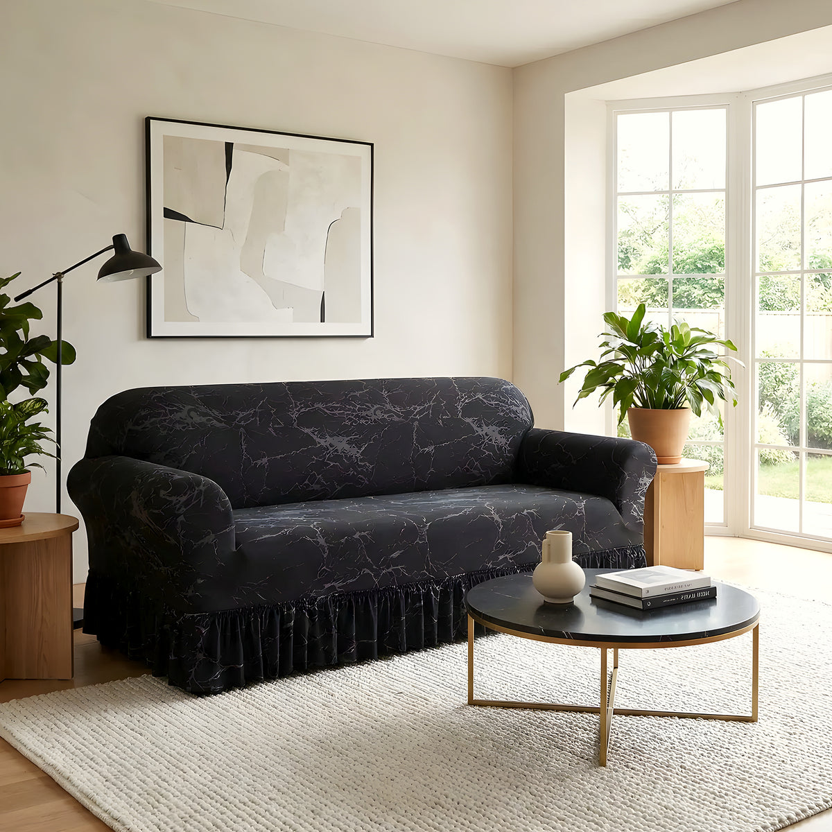 Housse de canapé élastique universelle, motifs noirs