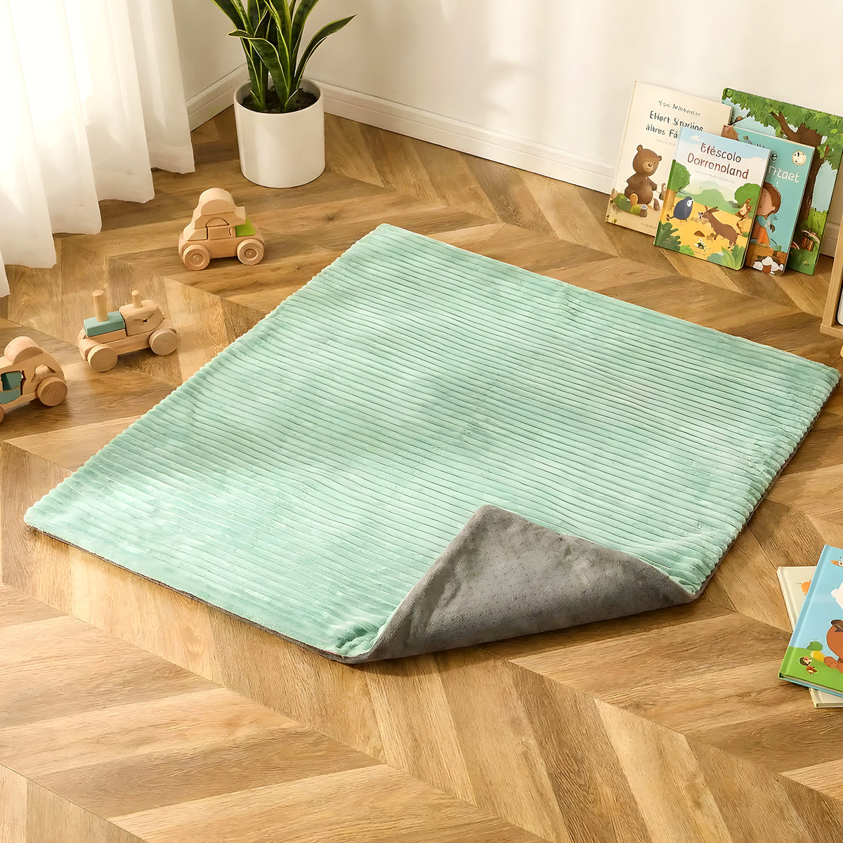 Housse de rechange en velours vert et gris pour lit de chien
