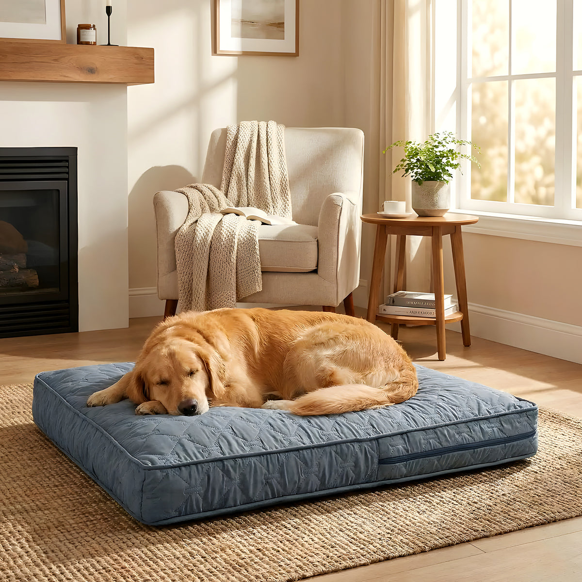 Housse matelassée imperméable en lin pour coussin de chien