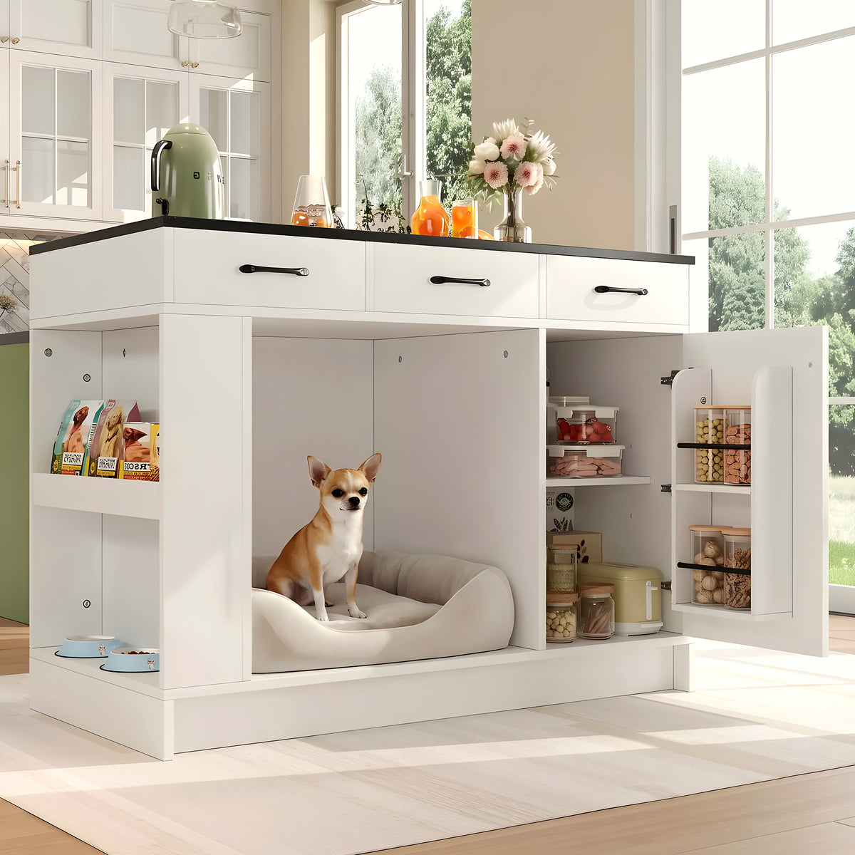 Îlot de cuisine avec niche pour chien intégrée
