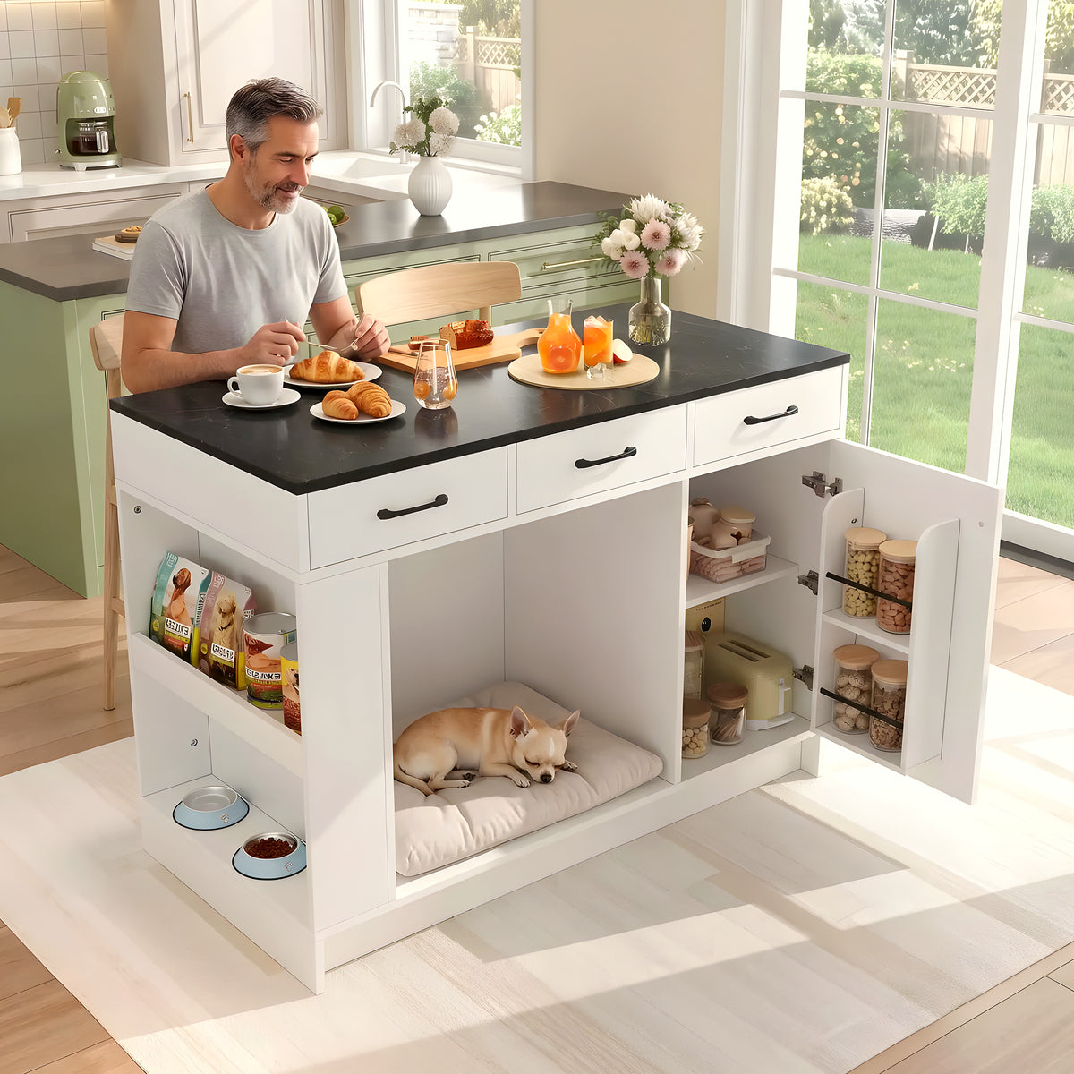 Îlot de cuisine avec niche pour chien intégrée