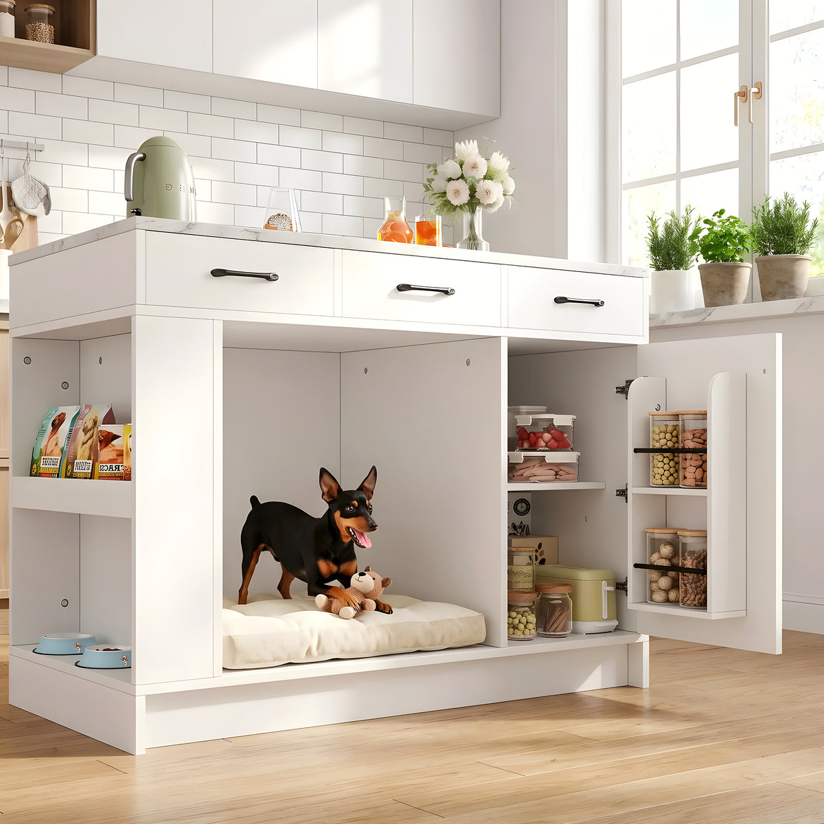 Îlot de cuisine avec niche pour chien intégrée