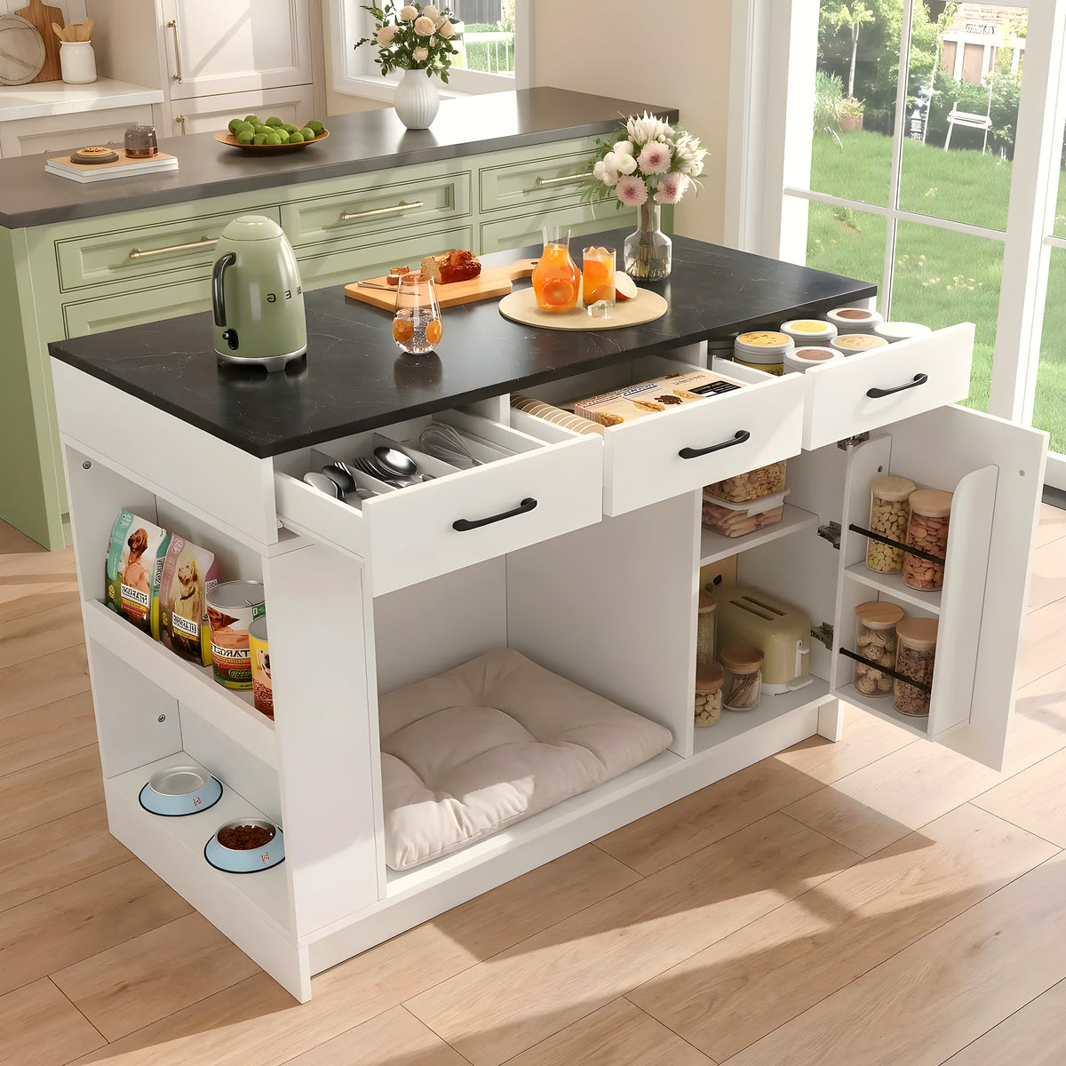 Îlot de cuisine avec niche pour chien intégrée