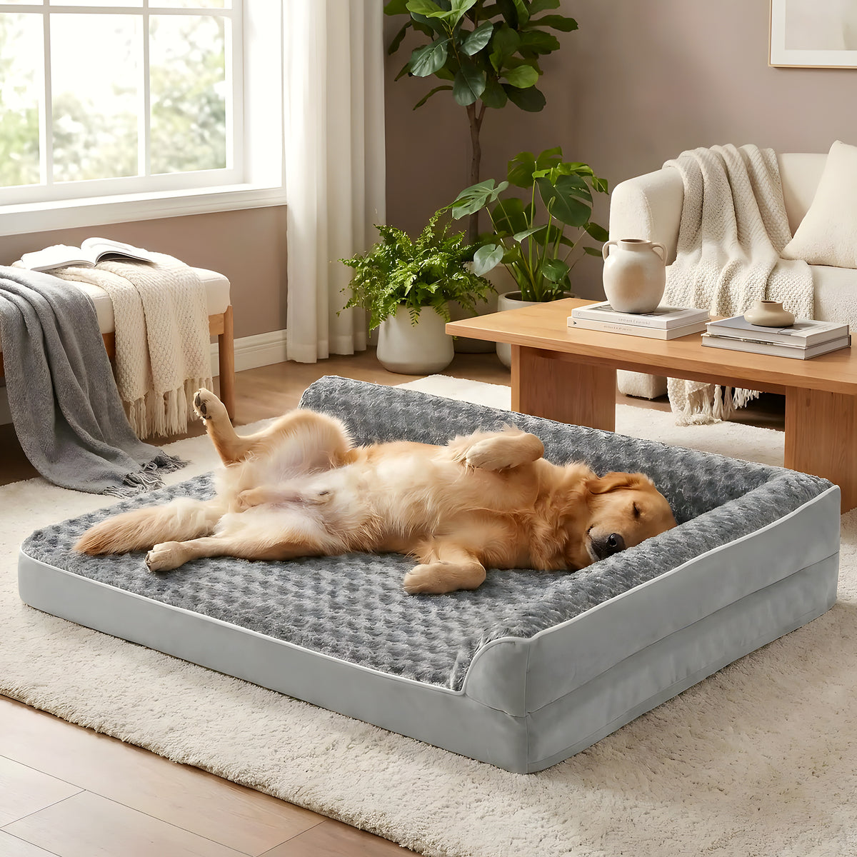 Lit-canapé orthopédique pelucheux pour chien, 3 tailles