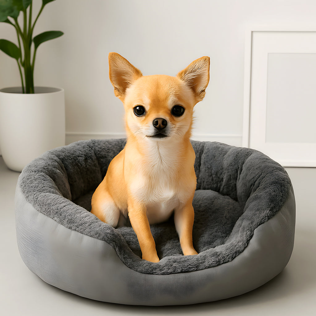 Lit cocon en peluche pour petit chien, gris ou rose