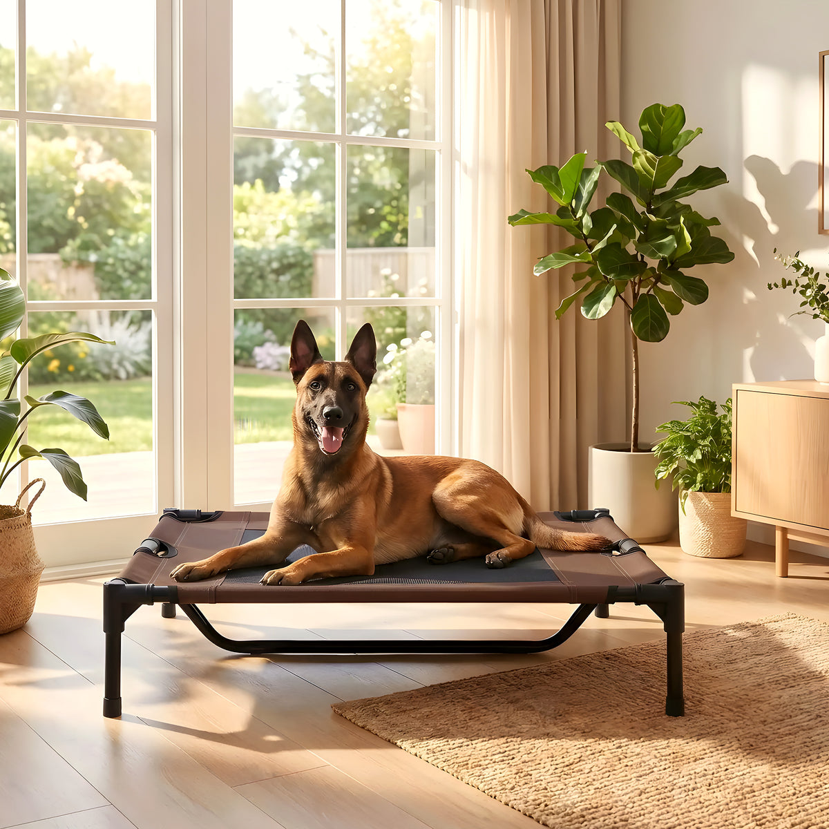 Lit de camp surélevé micro-perforé marron pour chien