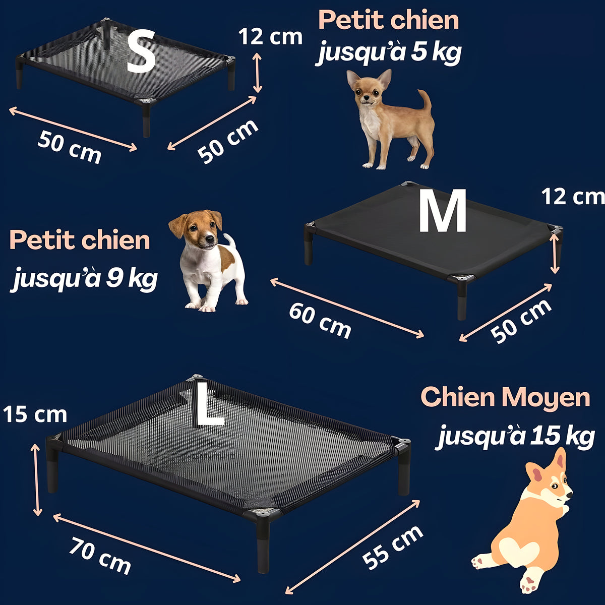 Lit surélevé en acier et tissu pour chien, S à L
