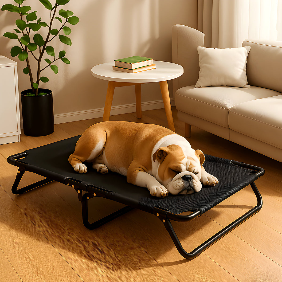 Lit surélevé pliable noir pour chien, coussin en option
