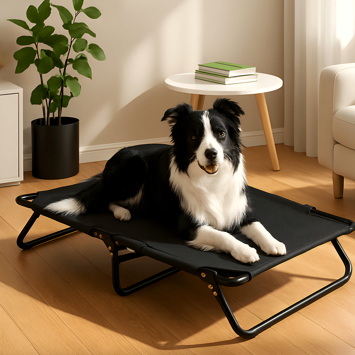 Lit surélevé pliable noir pour chien, coussin en option