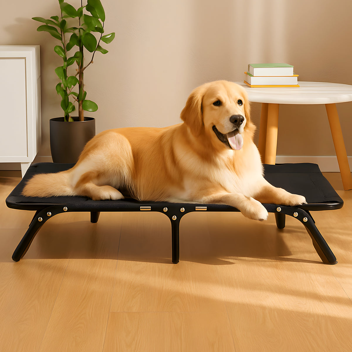 Lit surélevé pliable noir pour chien, coussin en option