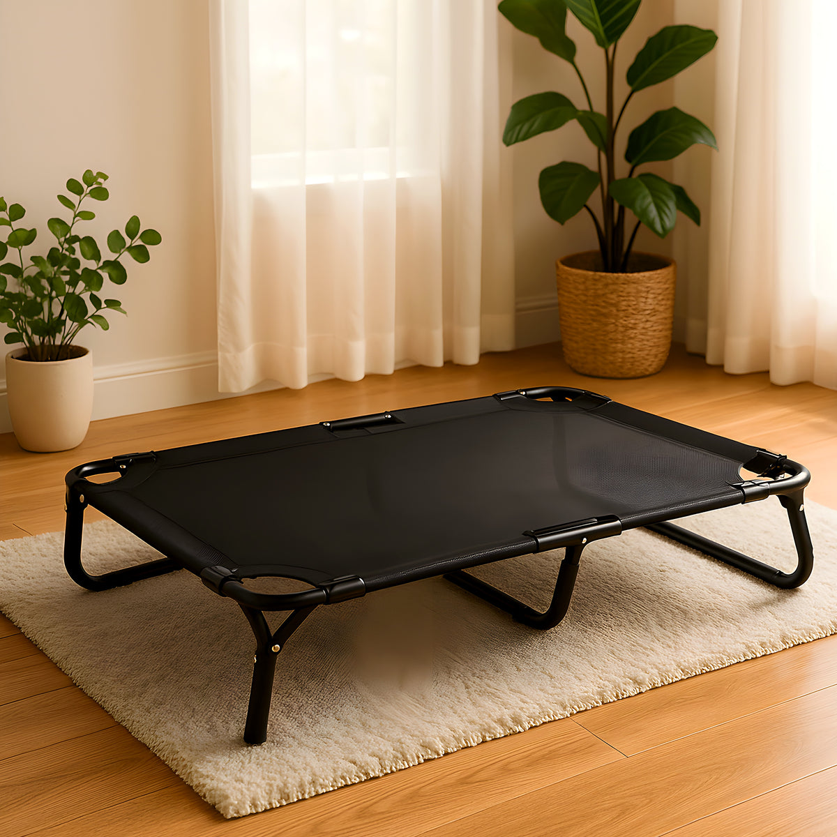 Lit surélevé pliable noir pour chien, coussin en option