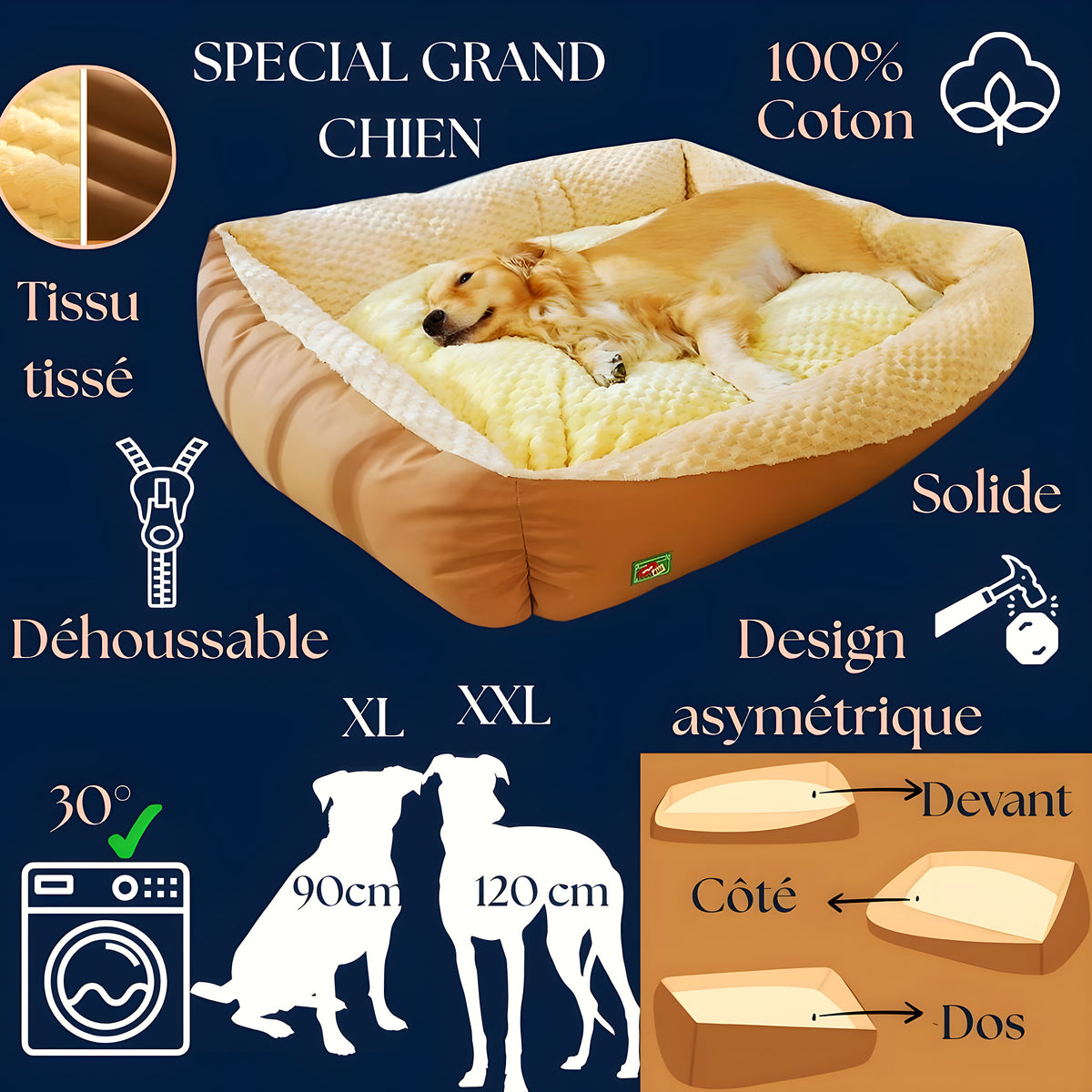 Lit XXL 100 % coton haute densité pour grand chien