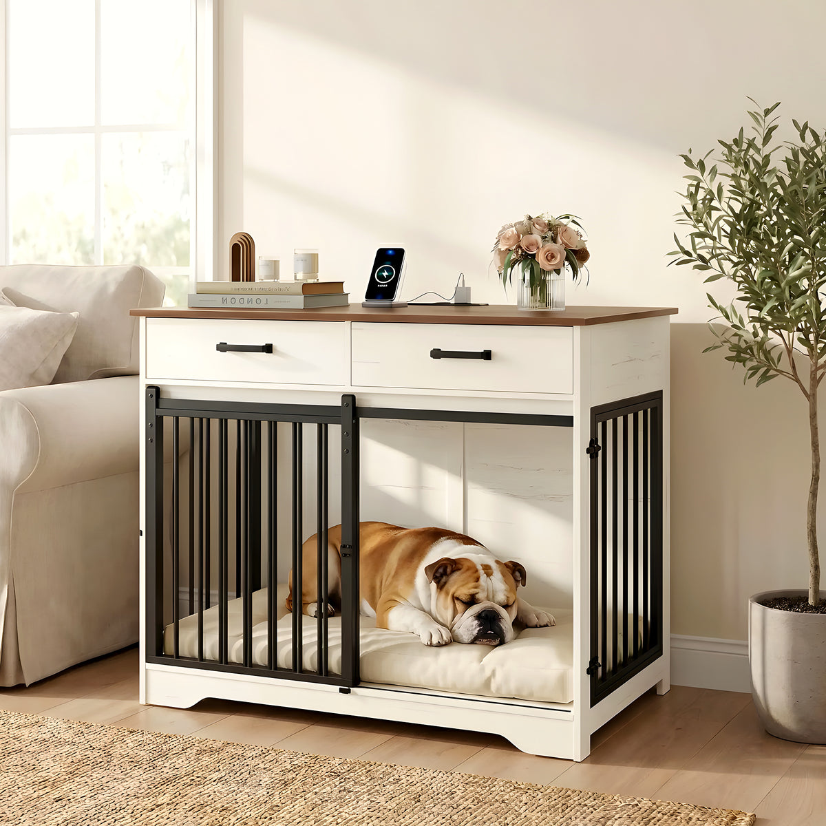 Meuble cage avec prises USB et tiroirs pour chien