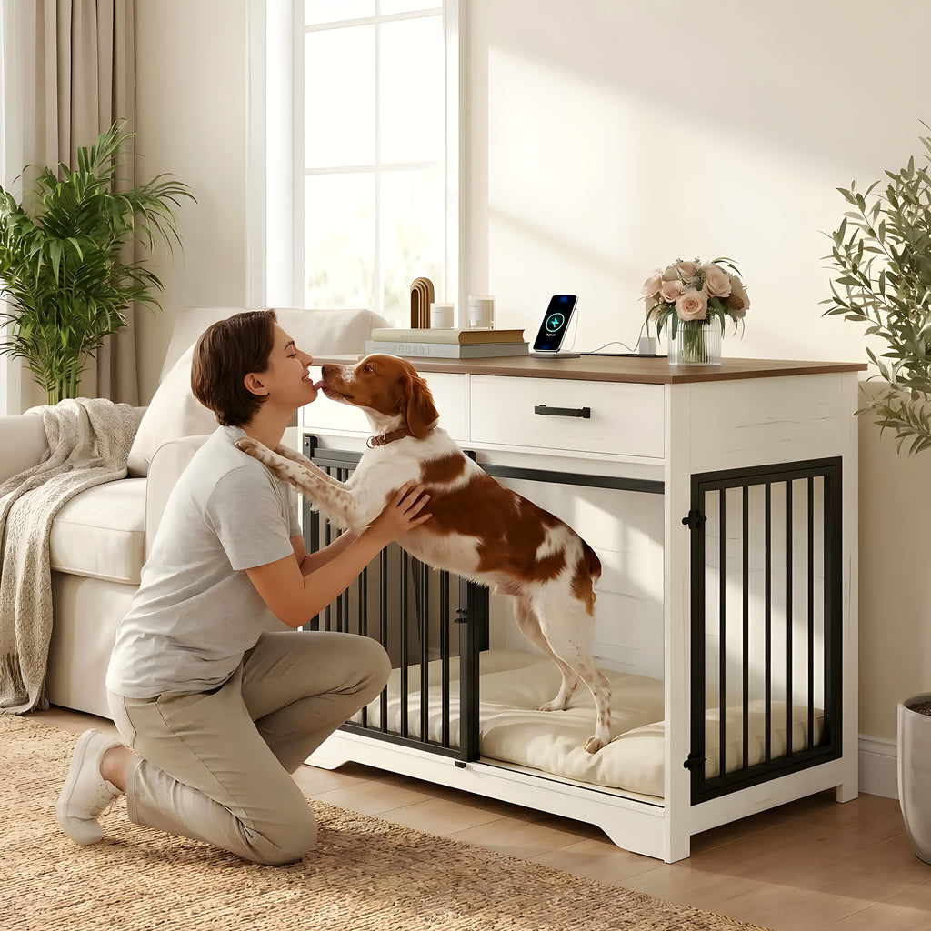 Meuble cage avec prises USB et tiroirs pour chien