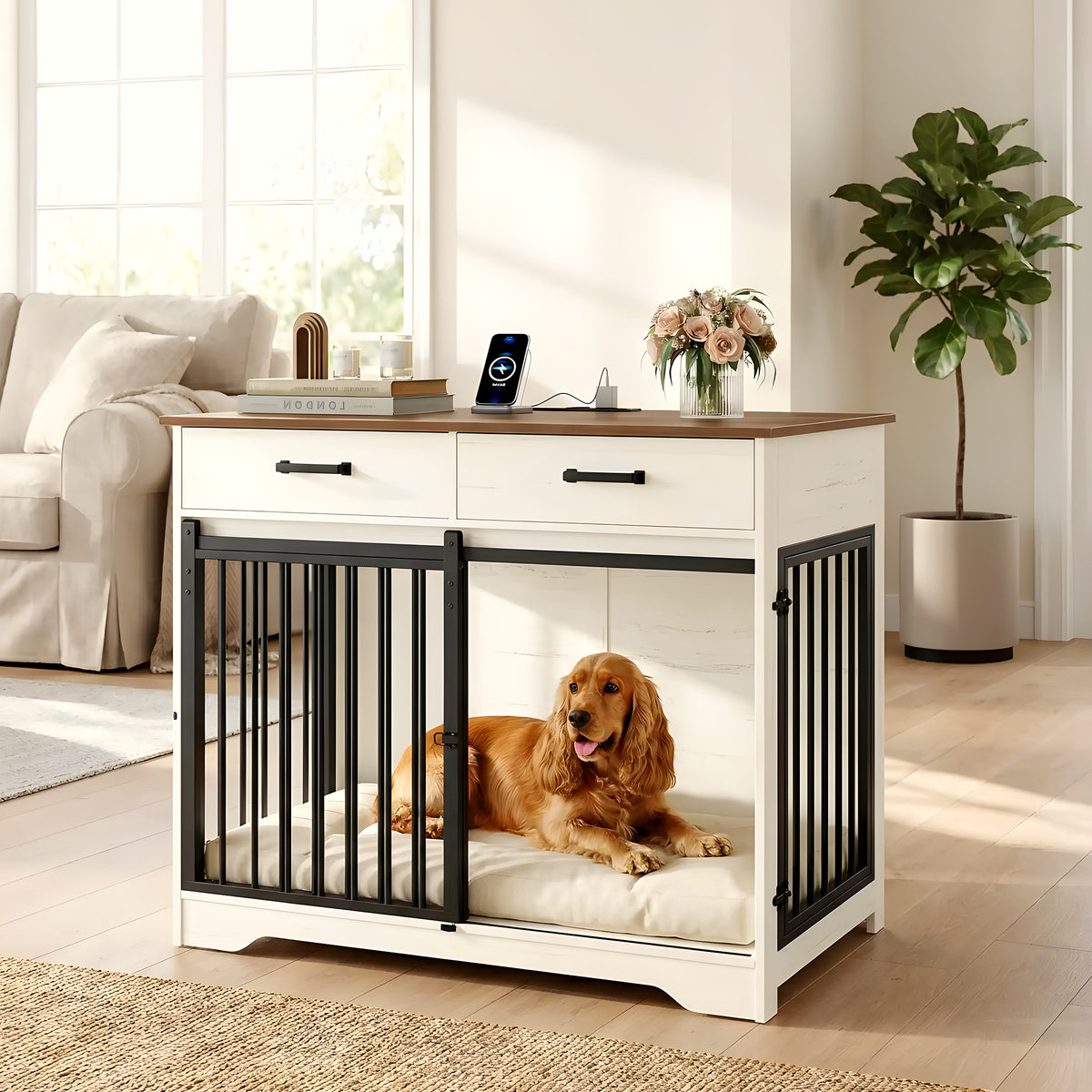 Meuble cage avec prises USB et tiroirs pour chien