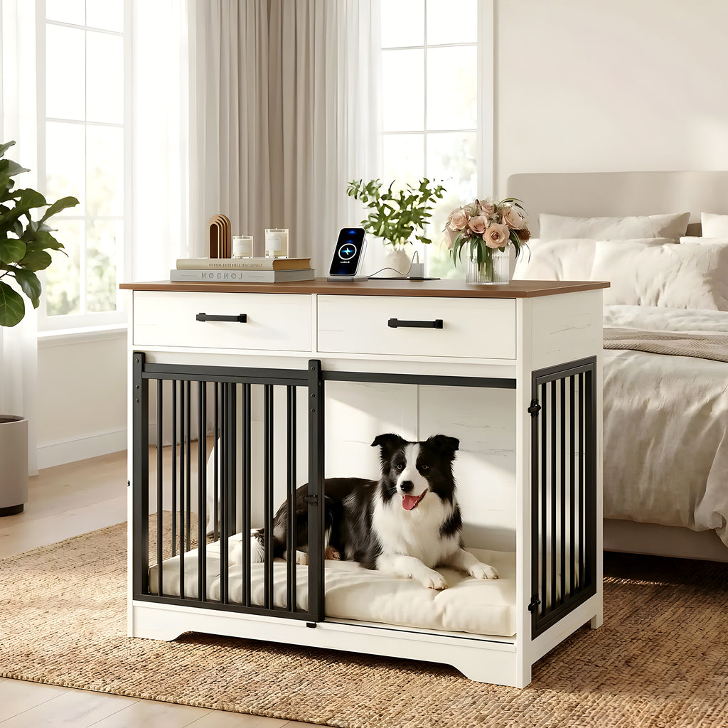 Meuble cage avec prises USB et tiroirs pour chien